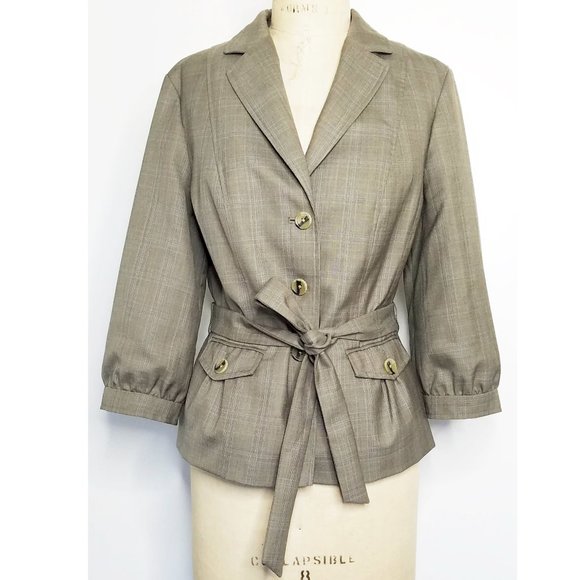 Banana Republic Jackets & Blazers - Banana Republic Jacket Taupe Plaid 3/4 Puff Sleeve and Belt 12